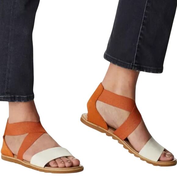Sorel Ella II Flat Sandals Strappy Elastic Straps Desert Sun Orange Cream 10 - Picture 1 of 8